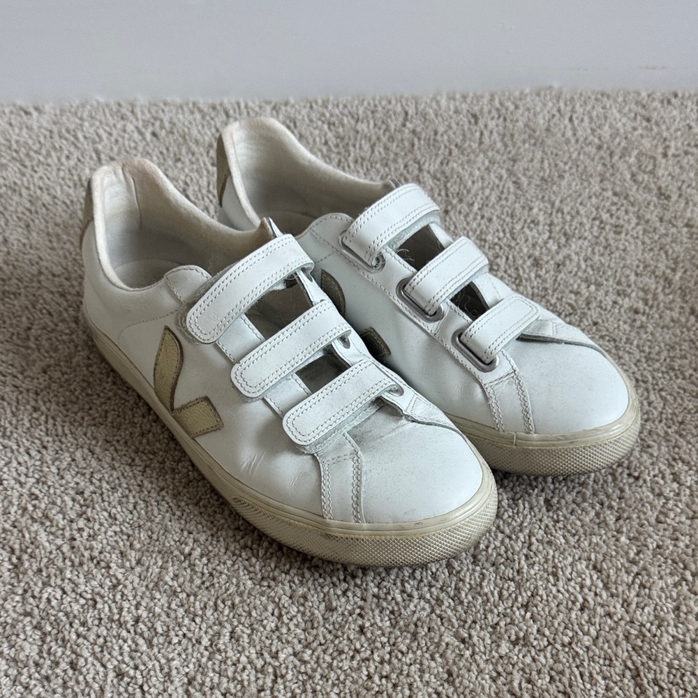 Veja White and Metallic Gold Sneakers